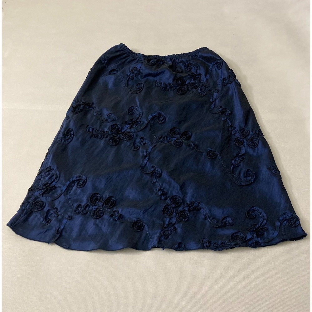 Vintage Y2K Vamp Montreal Iridescent Navy Blue Taffeta Skirt 3D Floral Rosette